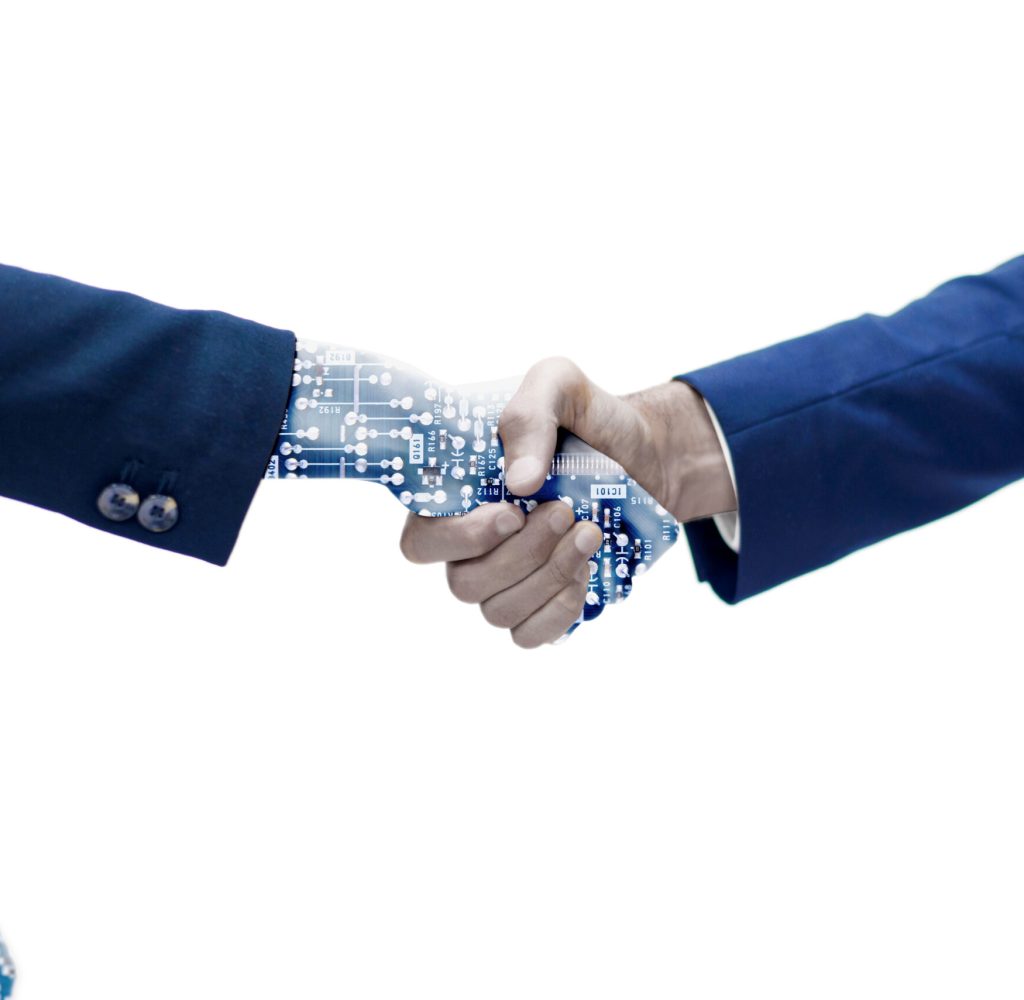 man-shaking-hand-with-robotic-arm